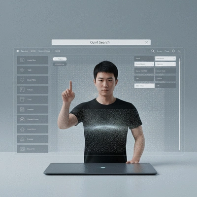 User interacting with a holographic point cloud search interface, displaying various query modalities, no text, no words, no typography, clean image