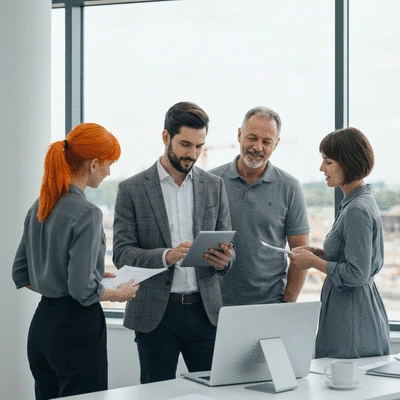 Construction project manager reviewing documents with a team on a tablet