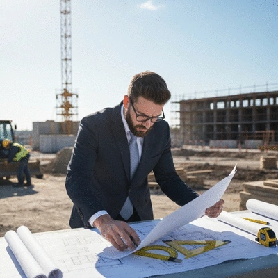 Architect reviewing blueprints on a construction site