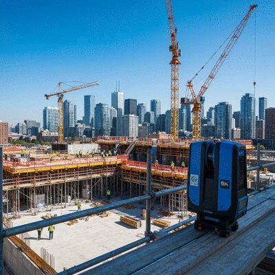 3D laser scanner capturing data in a modern construction site, Toronto skyline in background