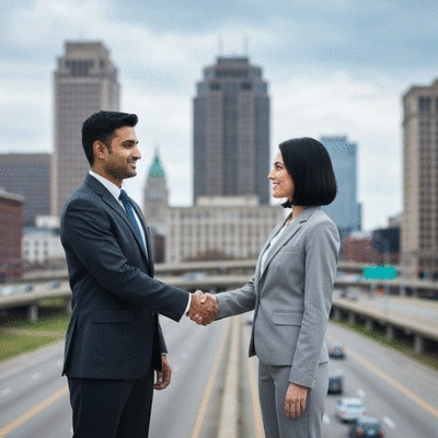 Professional handshake in front of a blurred Rochester city background, symbolizing successful real estate investment, no text, no words, no typography, clean image