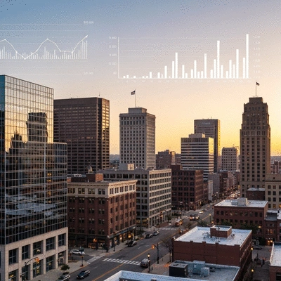 Modern cityscape of Rochester, NY with real estate graphs subtly overlaid, no text, no words, no typography, clean image