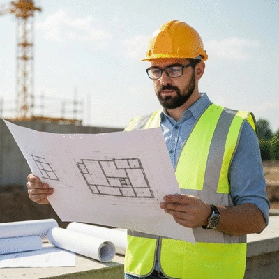 Architect reviewing plant as-built drawings on a construction site