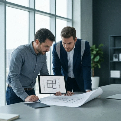 Architect and construction manager reviewing 3D scan data on a tablet